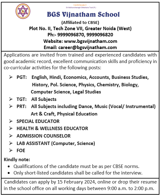 Join Our Team | Job Vacancies at BGS Vijnatham School